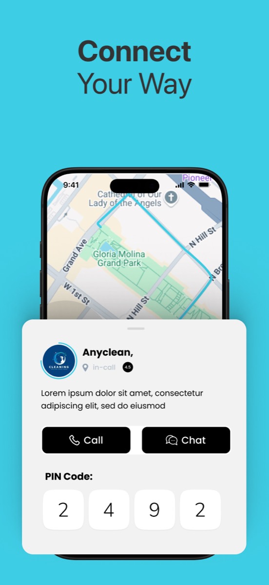 Tracking a cleaner on a live map, with call and chat buttons and an arrival PIN